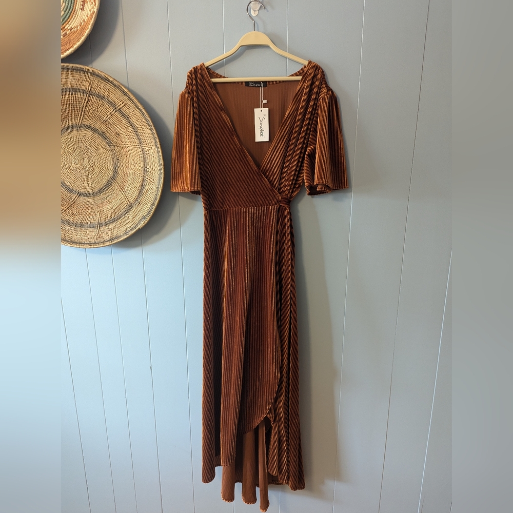 NWT Simplee Burnt Orange Velvet Wrap Dress